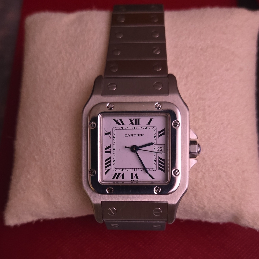 Cartier Silver Watch with White Roman Dial